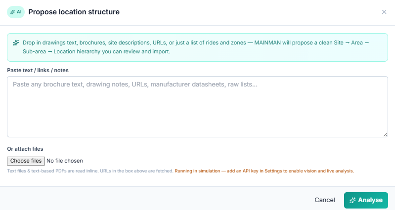 MainMan AI 'Propose location structure' modal — paste brochure text, drawings, URLs, or a list of rides and zones, attach a file, and MAINMAN proposes a clean Site → Area → Sub-area → Location hierarchy.