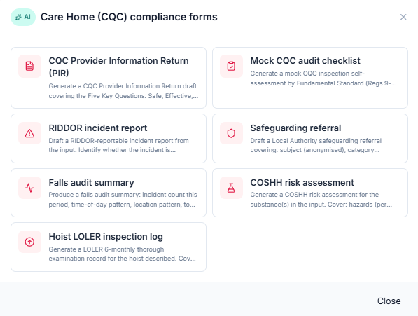 MainMan compliance forms launcher — CQC PIR, mock audit checklist, RIDDOR, safeguarding referral, falls audit, COSHH, LOLER inspection log (care home) and Section 21, Section 8, MEES exemption, HMO checklist, FRA template, dilapidations schedule, service charge reconciliation (property).