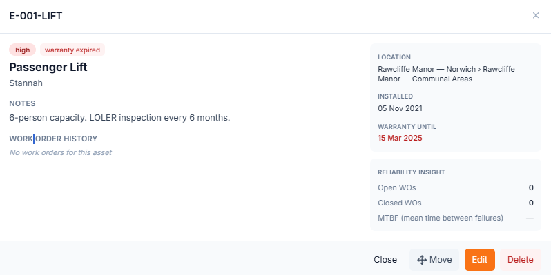 MainMan Asset detail for a Stannah passenger lift — location hierarchy, install date, warranty status, work order history, and reliability insight.