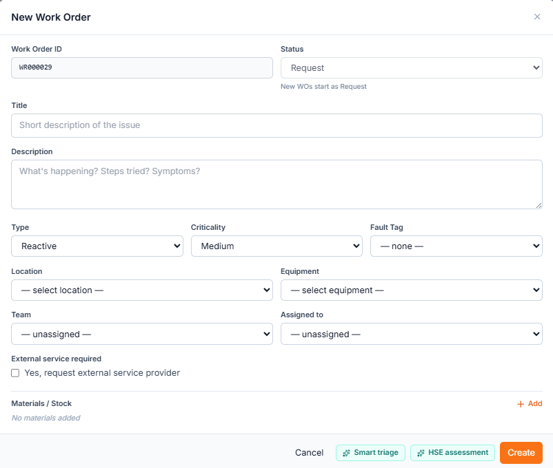 MainMan New Work Order form with Smart triage and HSE assessment AI buttons at the bottom — AI runs at point of creation.